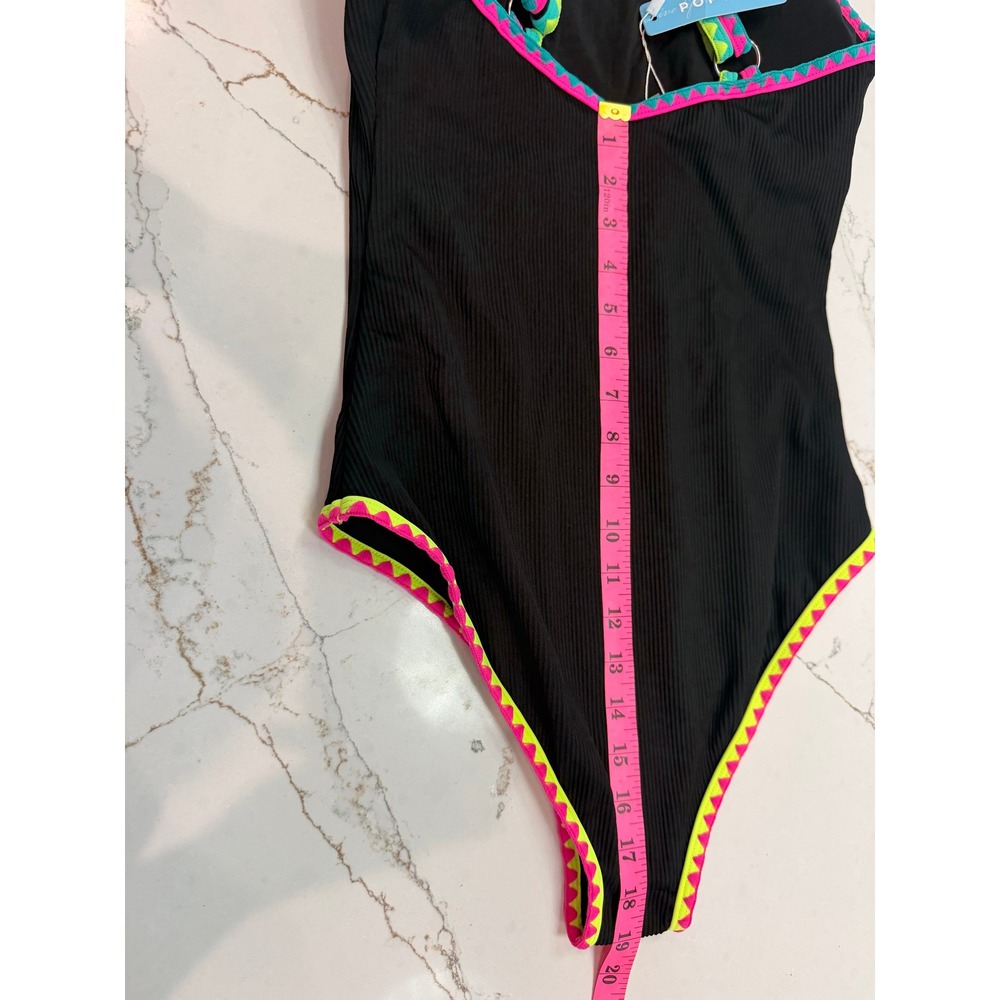 Popvil Womens Ribbed One Piece Swimsuit Black Neon Pink Yellow Trim High Cut NEW - Picture 7 of 12